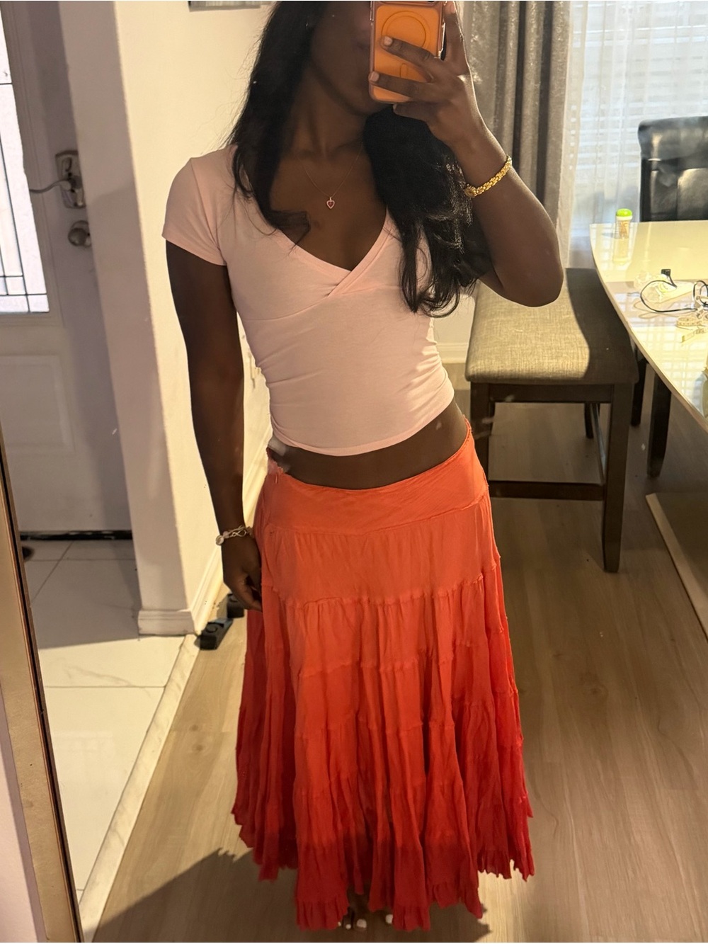Flowy Tiered Ombre Maxi Skirt in Sunset Orange